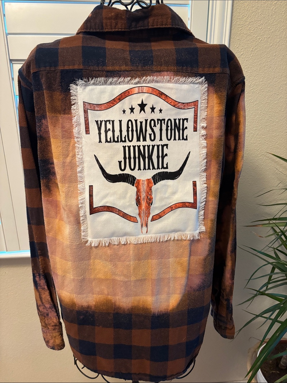 Handmade one of a kind distressed Flannel with 'Yellowstone Junkie' Back Patch